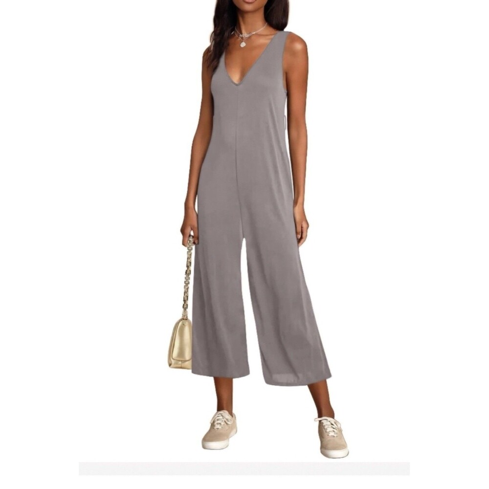 New Tan Sucolan Women's Sixe 2XL Casual Loose Tank Jumpsuit Sleeveless Knit Crop